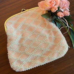 Pink & White Vintage Beaded Large Clutch - Bridal